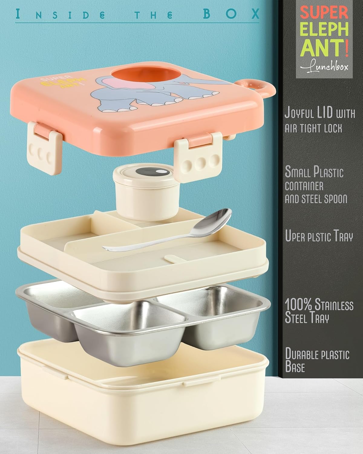 Kids Lunch Box – Stainless Steel Insulated Tiffin for School with Spoon, BPA-Free | Leak-Resistant Bento Box with Tray & Container | Elephant (1120ml)