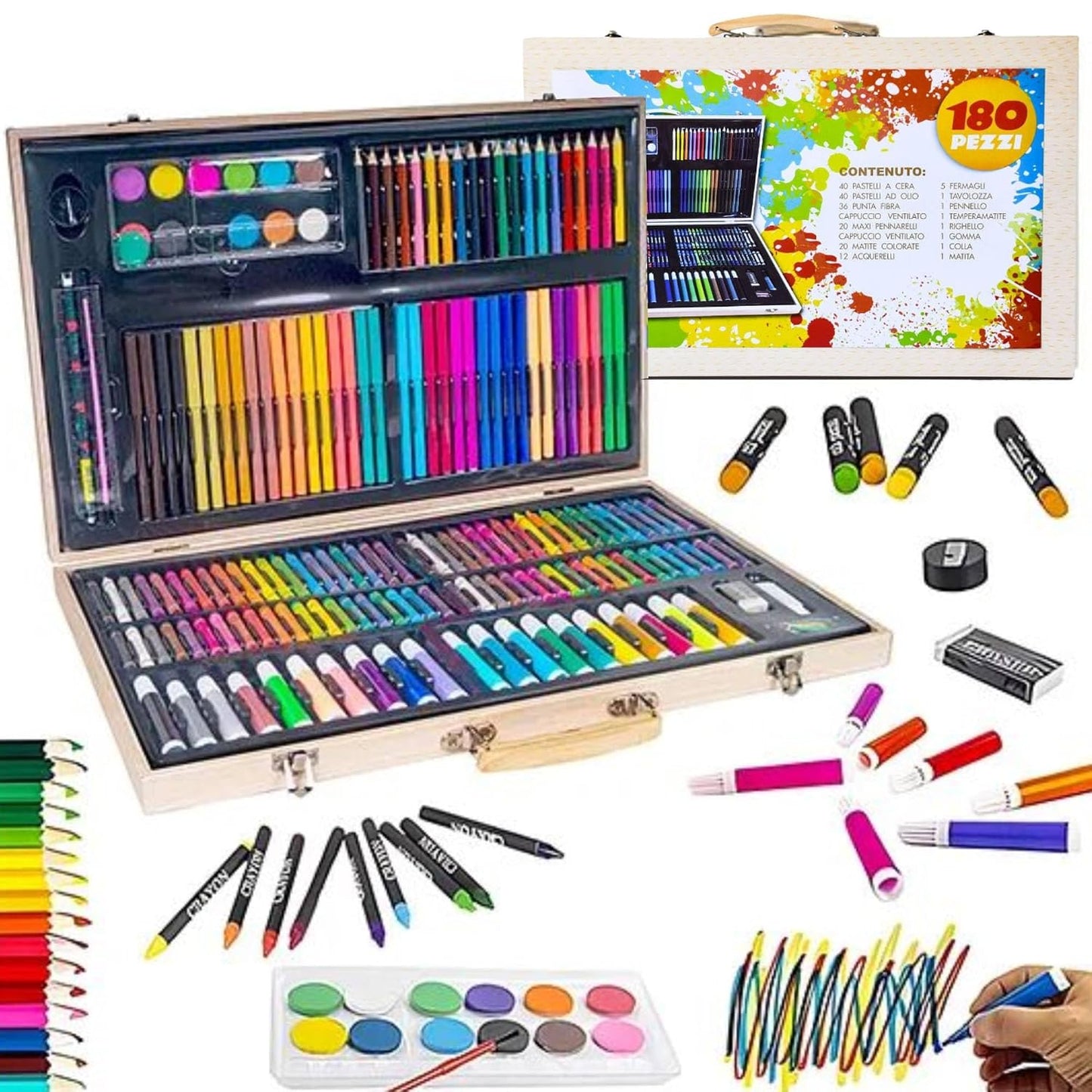 180 Piece Deluxe Art Kit with Oil Pastels, Crayons, Coloured Pencils, Acrylic Paint, Wooden Case, for Kids, Girls and Boys