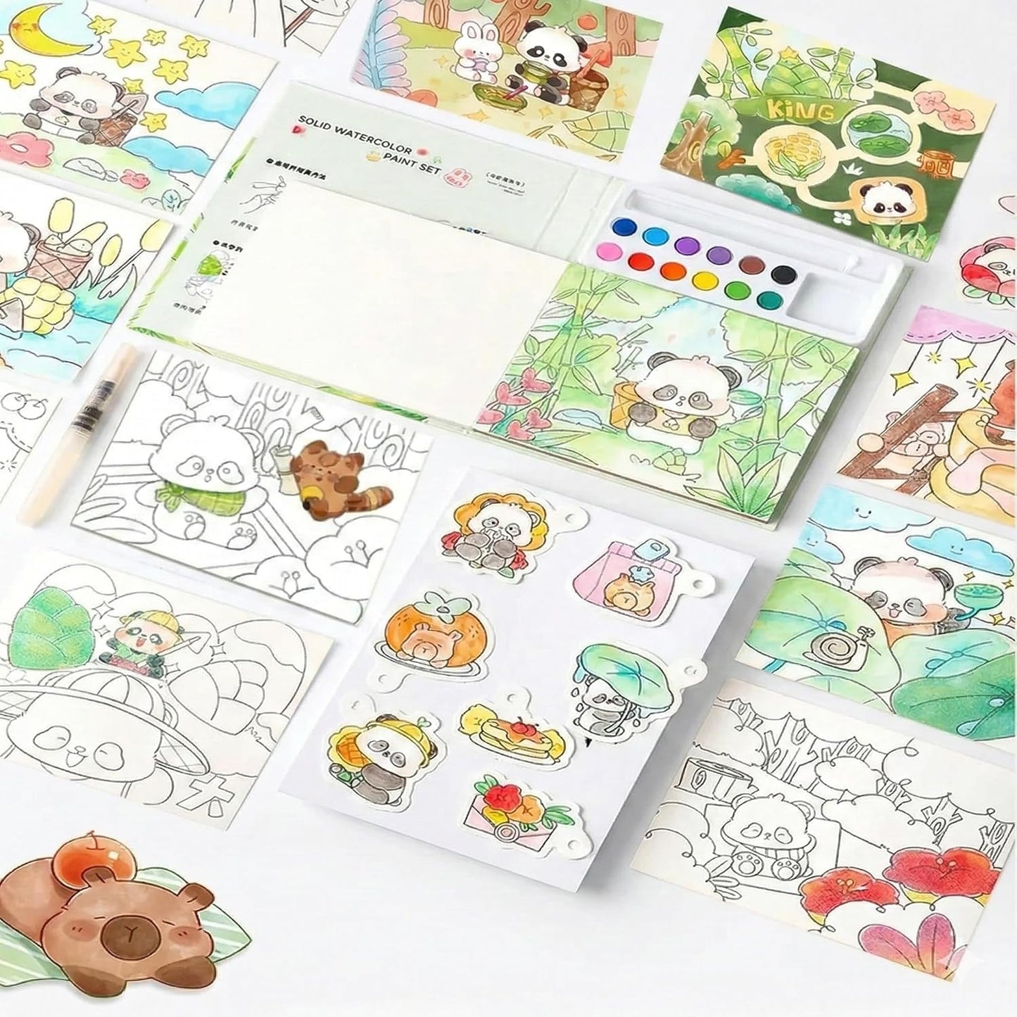 Watercolour Colouring Book Kit with Solid Watercolour Paints, Doodle Paper, Paint Brush & Colour Card | Kids Painting & Art Craft Set | Assorted Prints