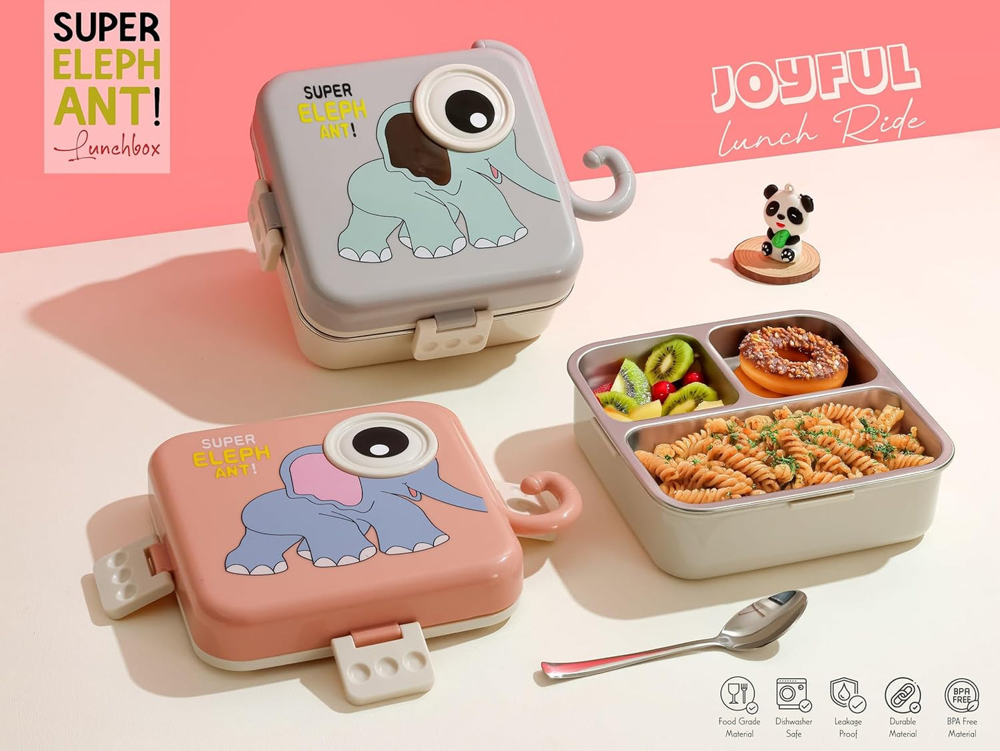 Kids Lunch Box – Stainless Steel Insulated Tiffin for School with Spoon, BPA-Free | Leak-Resistant Bento Box with Tray & Container | Elephant (1120ml)