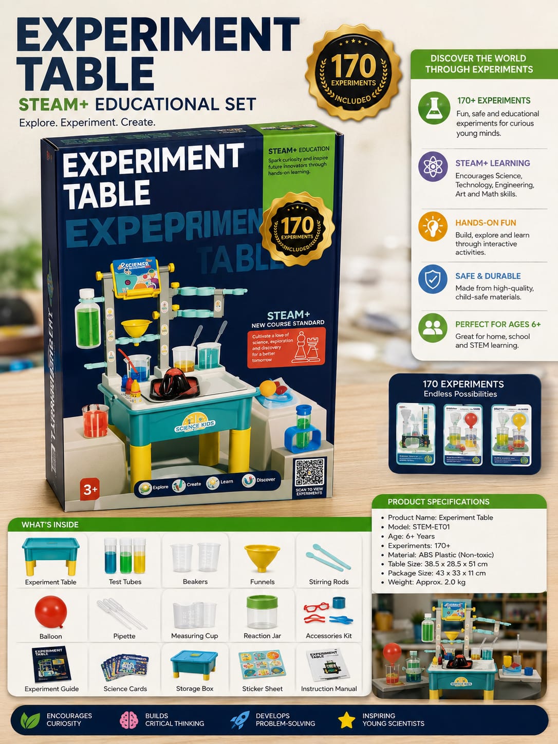 170 Experiments STEAM Science Experiment Table Kit for Kids | Educational DIY Science Lab | Hands-On Learning Set | Ages 6+