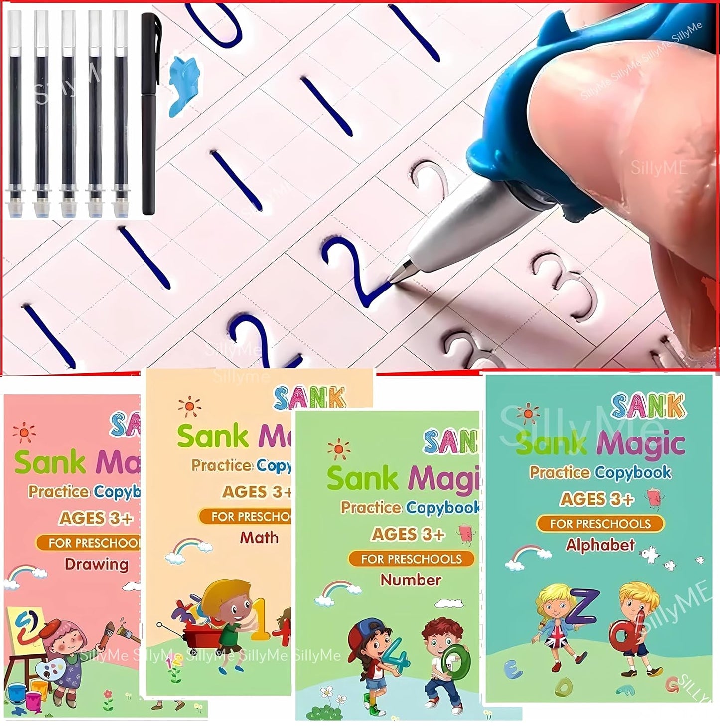 Sank Magic Book for Kids 2-5Years - 4 Books +1 Pen+10Refill- Sank Magic Practice Copy Book for Kids 2-5 Years