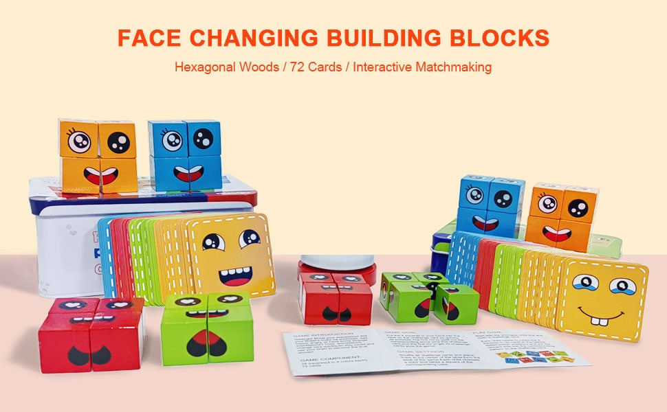 Wooden Emoji Face Changing Cube Puzzle Game Expressions Matching Block Puzzles Building Logical Educational Training Toys 16 Face Blocks & 72 Playing Cards Birthday Gift for Kids Boys Girls