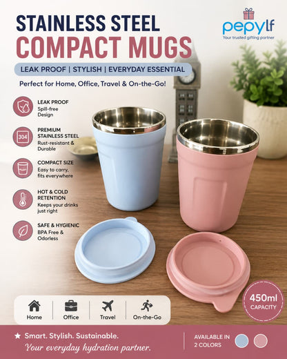 Stainless Steel Round Tumbler | Airtight & Leakproof | Compact Design | 450ml | Ideal for Office, Travel, and Home Use, Travel Glass