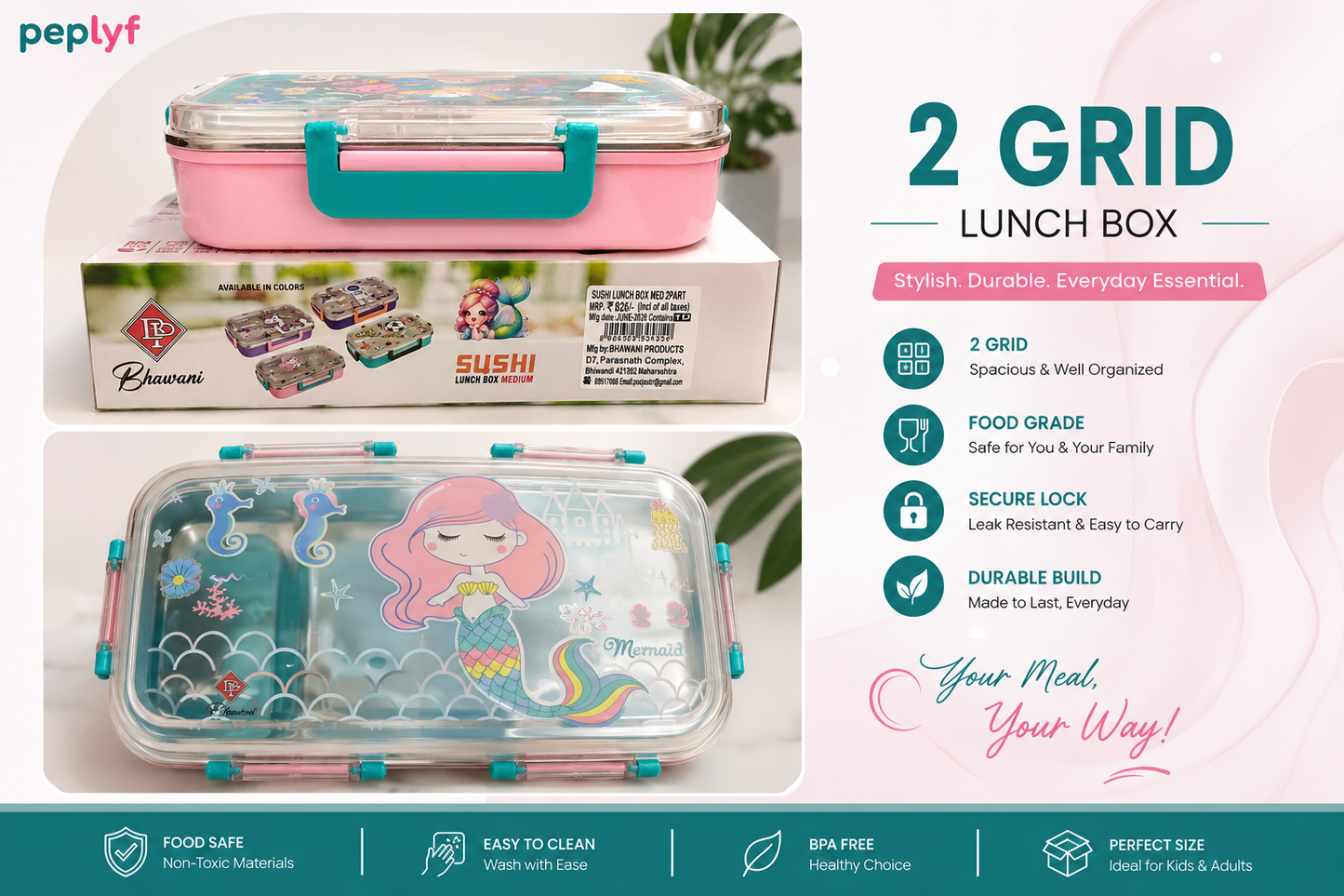 Kids 2-Grid Stainless Steel Lunch Box – Stylish & Compact Lunch Box
