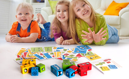 Wooden Emoji Face Changing Cube Puzzle Game Expressions Matching Block Puzzles Building Logical Educational Training Toys 16 Face Blocks & 72 Playing Cards Birthday Gift for Kids Boys Girls
