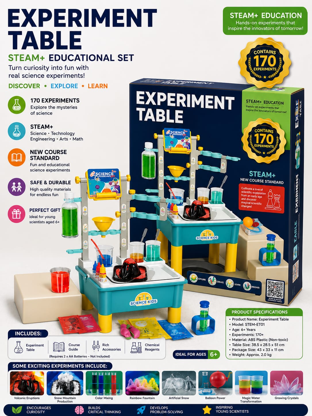 170 Experiments STEAM Science Experiment Table Kit for Kids | Educational DIY Science Lab | Hands-On Learning Set | Ages 6+