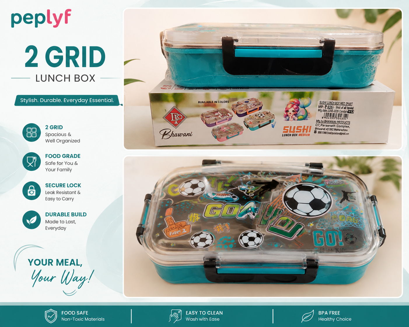Kids 2-Grid Stainless Steel Lunch Box – Stylish & Compact Lunch Box