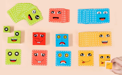 Wooden Emoji Face Changing Cube Puzzle Game Expressions Matching Block Puzzles Building Logical Educational Training Toys 16 Face Blocks & 72 Playing Cards Birthday Gift for Kids Boys Girls