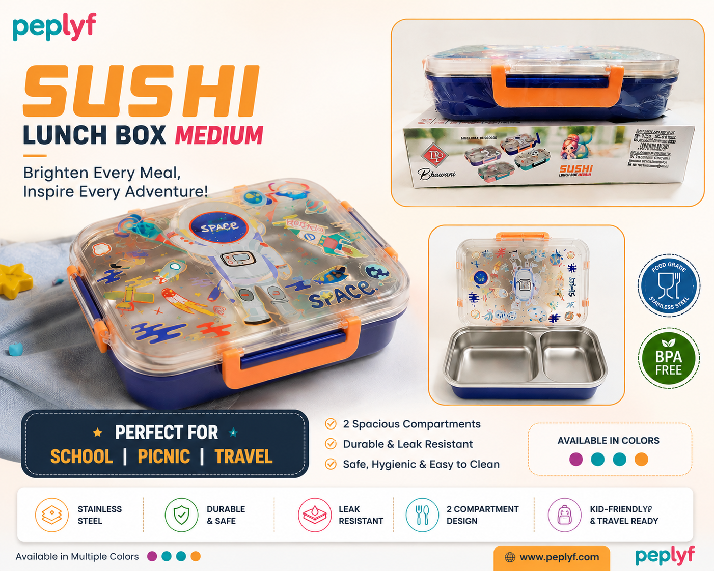 Kids 2-Grid Stainless Steel Lunch Box – Stylish & Compact Lunch Box