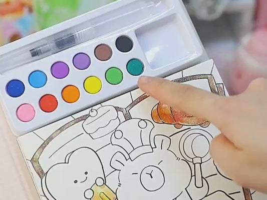 Watercolour Colouring Book Kit with Solid Watercolour Paints, Doodle Paper, Paint Brush & Colour Card | Kids Painting & Art Craft Set | Assorted Prints