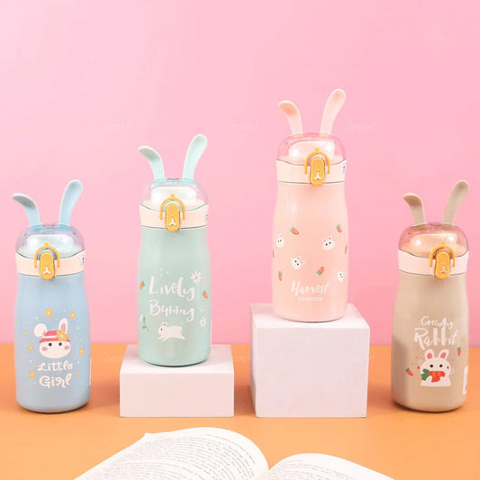 Bunny Ears Stainless Steel Water Bottle for Kids | 300ml Drinking Cup | Flip-open Lid